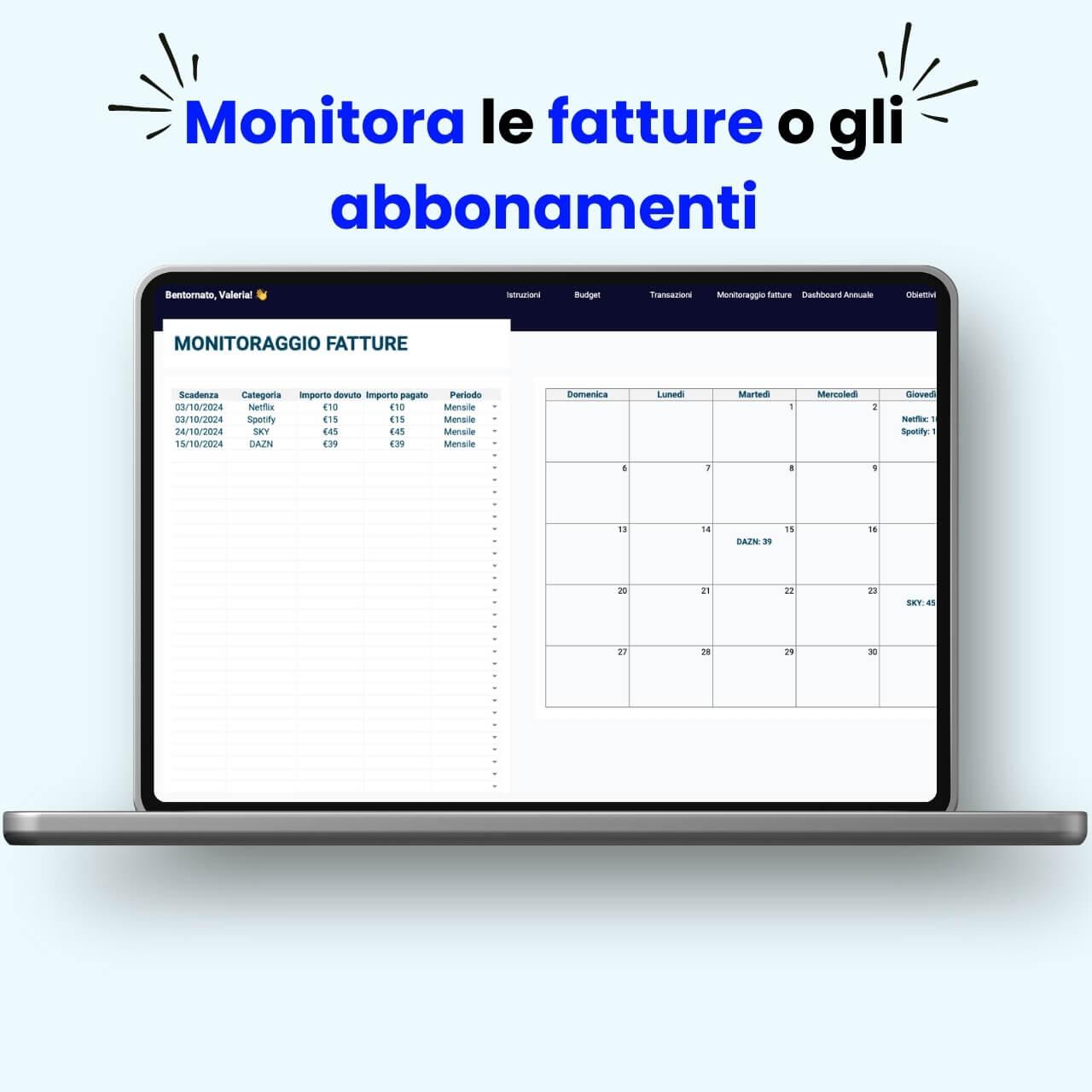 Modello Excel per monitorare fatture e abbonamenti con tabella di riepilogo e calendario dettagliato. Ideale per una gestione finanziaria familiare e aziendale.