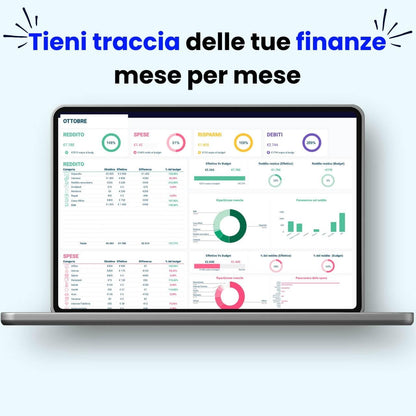 Modello Excel PRO per gestione bilancio familiare e spese mensili, con grafici e risparmi.