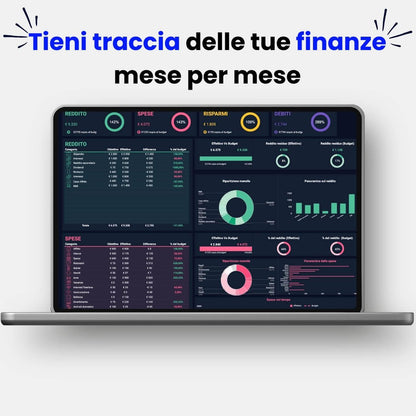 Foglio Google Sheets Nero: traccia finanze mensili con grafici e tabelle dettagliate su una dashboard elegante e intuitiva.