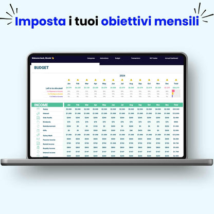 Foglio Excel per impostare obiettivi mensili di bilancio familiare e gestione entrate e spese. Perfetto per organizzare finanze e risparmi.