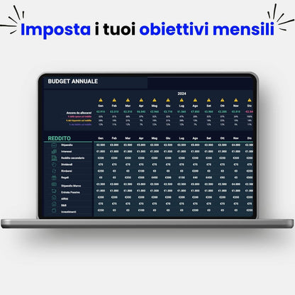 Budget Obiettivi Mensili: template nero Google Sheets per bilancio familiare, gestione entrate, spese e risparmi.