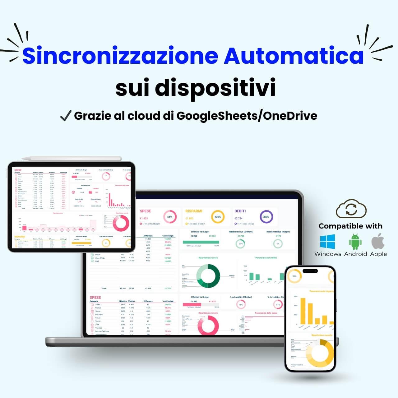 Foglio Excel per gestione bilancio sincronizzabile automaticamente su laptop, tablet e smartphone grazie al cloud Google Sheets e OneDrive.