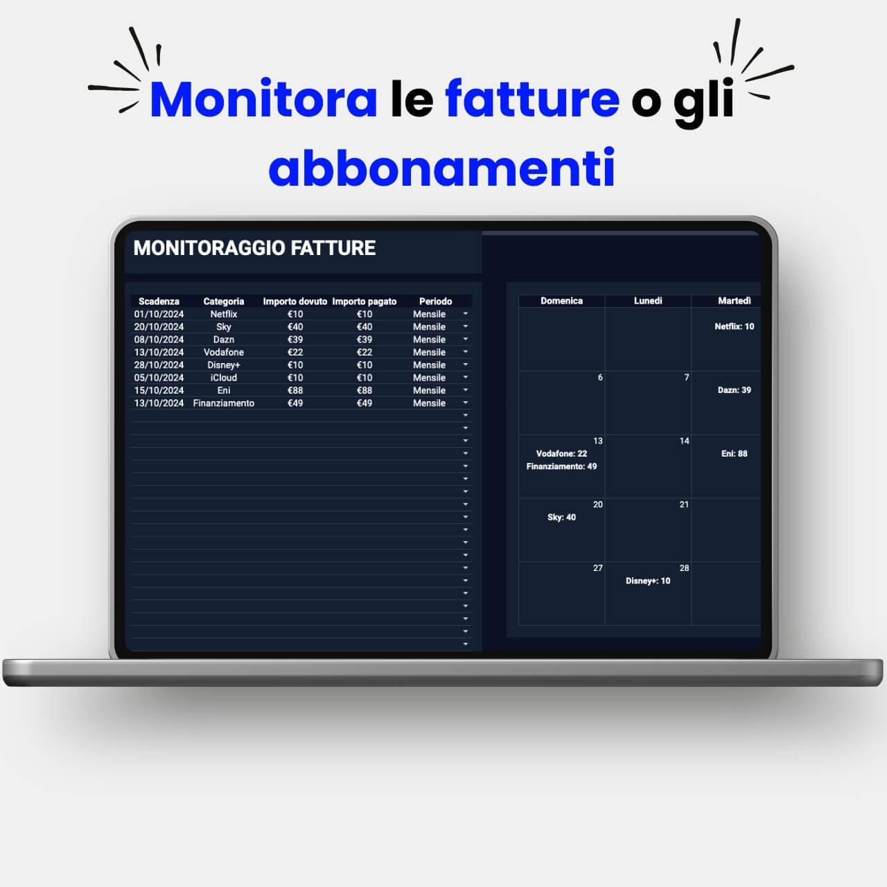 Foglio Google Sheets Fatture: tabella riepilogativa e calendario per gestione abbonamenti e fatture con tema scuro.